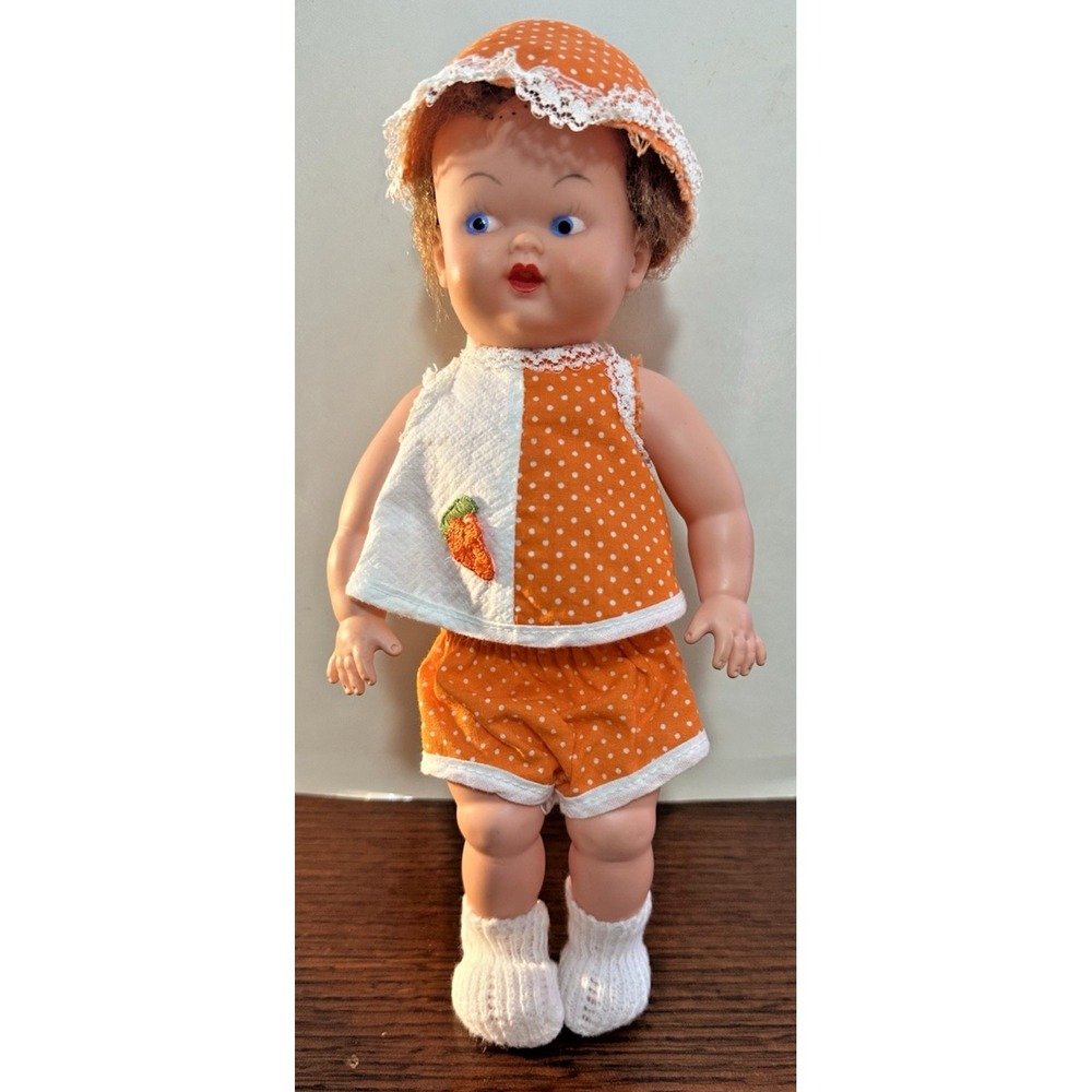Vintage Rubber Vinyl Baby Doll Red Hair 10" Blue Eyes - Orange/Strawberry Outfit
